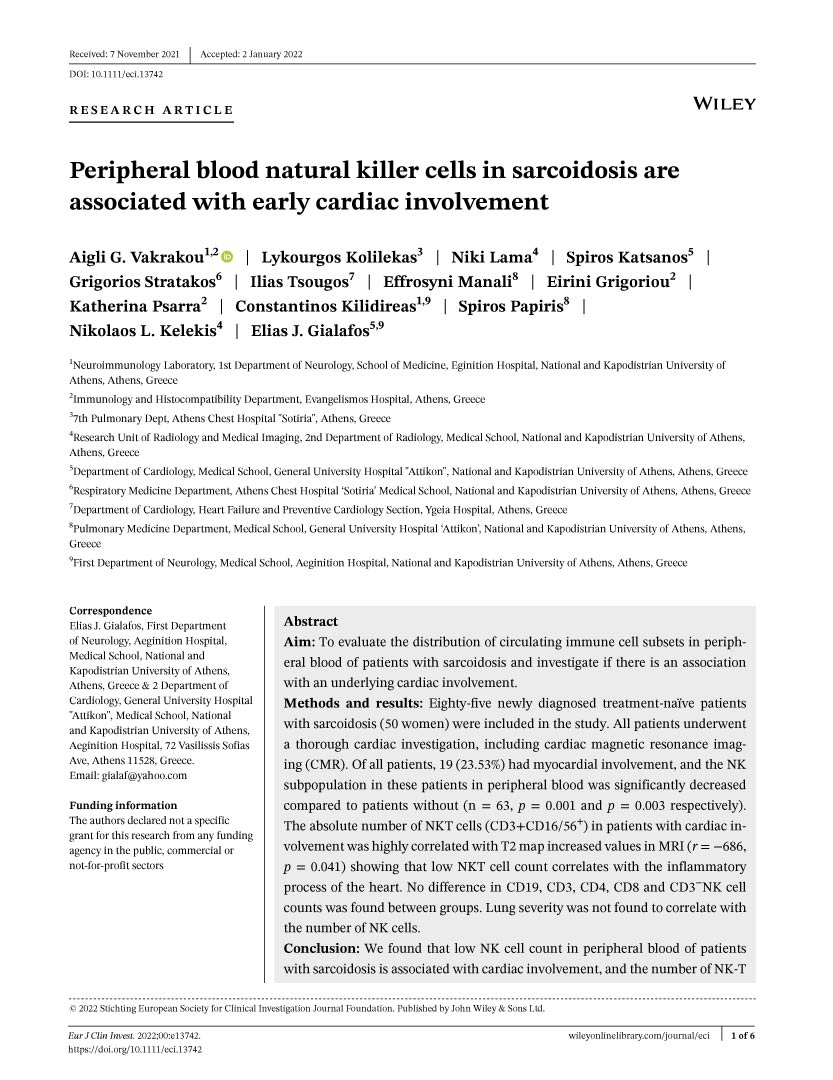 Peripheral blood natural killer cells in sarcoidosis are associated with early cardiac involvement