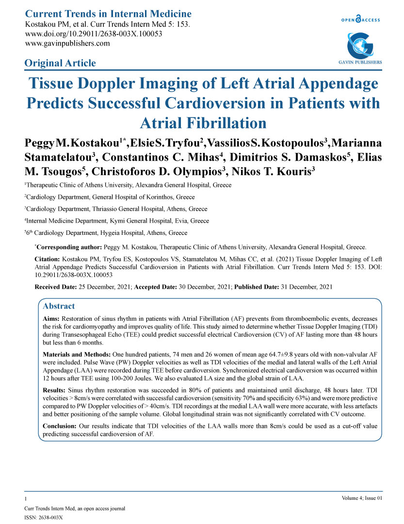 Tissue Doppler Imaging of Left Atrial Appendage Predicts Successful Cardioversion in Patients with Atrial Fibrillation