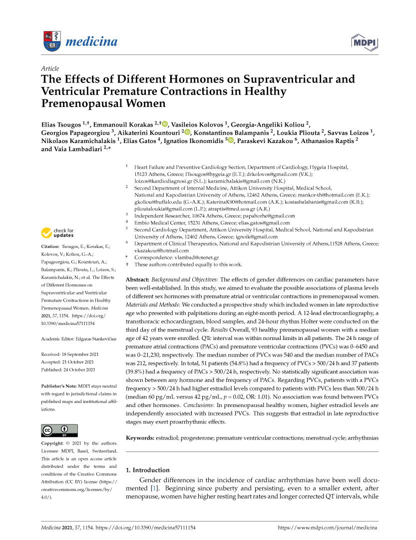 The Effects of Different Hormones on Supraventricular and Ventricular Premature Contractions in Healthy Premenopausal Women